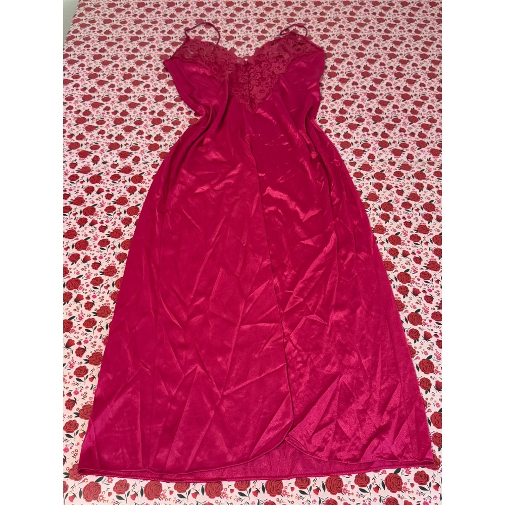 Vintage Vassarette Magenta Pink Satin Lace Trim Nightgown Maxi‎ Slip Dress M d3